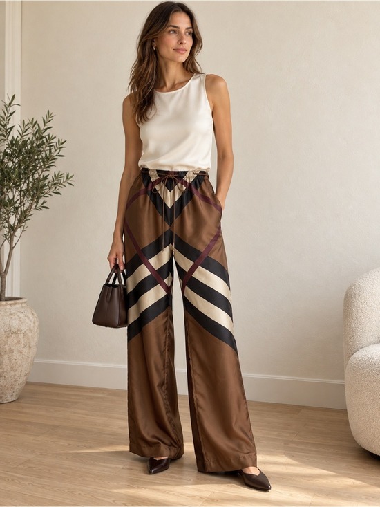 Burberry Pants - BURBERRY 100% Silk Monogram Stripe Wide-Leg Pants Size 6